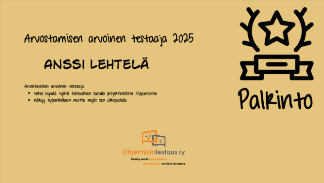 Arvostamisen arvoinen testaaja 2025: Anssi Lehtelä